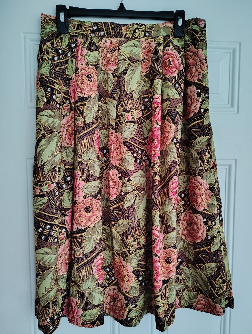 Vintage Worthington Petite Floral Midi Skirt 14P Pleated Rayon Geometric Made US